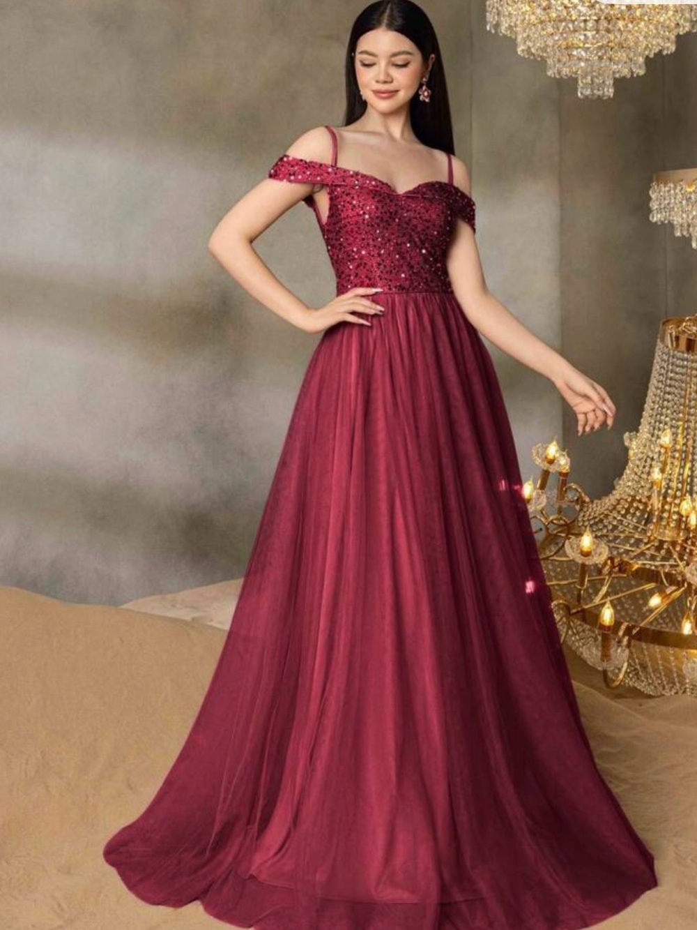 Embellished Off-Shoulder Wine Prom Gown